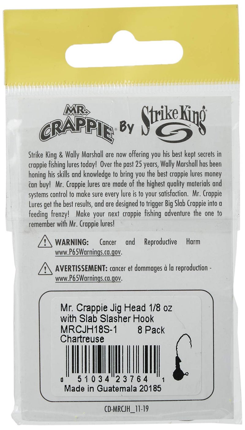 Strike King رأس طعم سترايك كينغ مستر كراپي مع خطاف إيجل كلاو الحاد، مياه عذبة، 1/8 أونصة، خطاف #2، شارتروز، عبوة من 8 (MRCJH18S-1) - Image 5